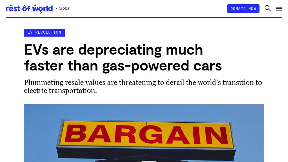 Screenshot of restofworld.org: EVs are depreciating faster than gas-powered cars