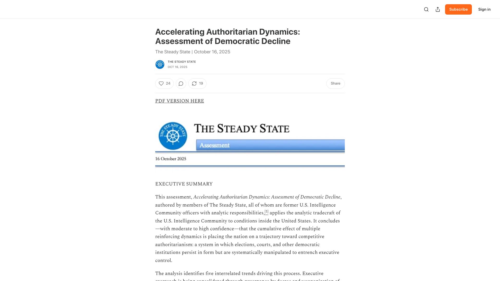Screenshot of steadystate1.substack.com: Accelerating authoritarian dynamics: Assessment of democratic decline