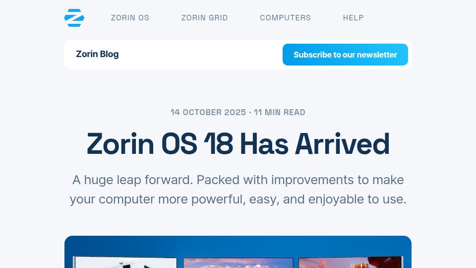 Screenshot of blog.zorin.com: Zorin OS 18
