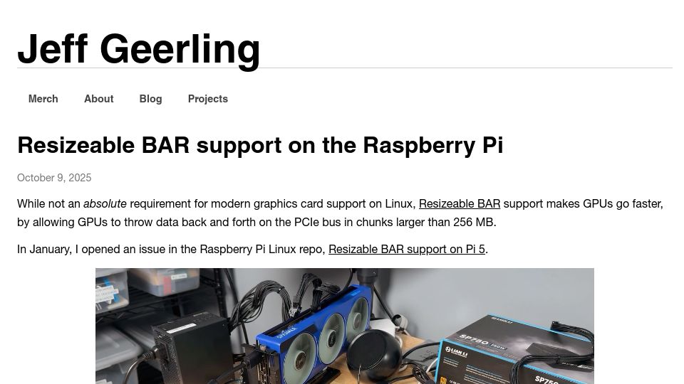 Screenshot of jeffgeerling.com: Resizeable Bar Support on the Raspberry Pi