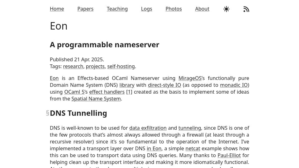 Screenshot of ryan.freumh.org: Eon – An Effects-Based OCaml Nameserver