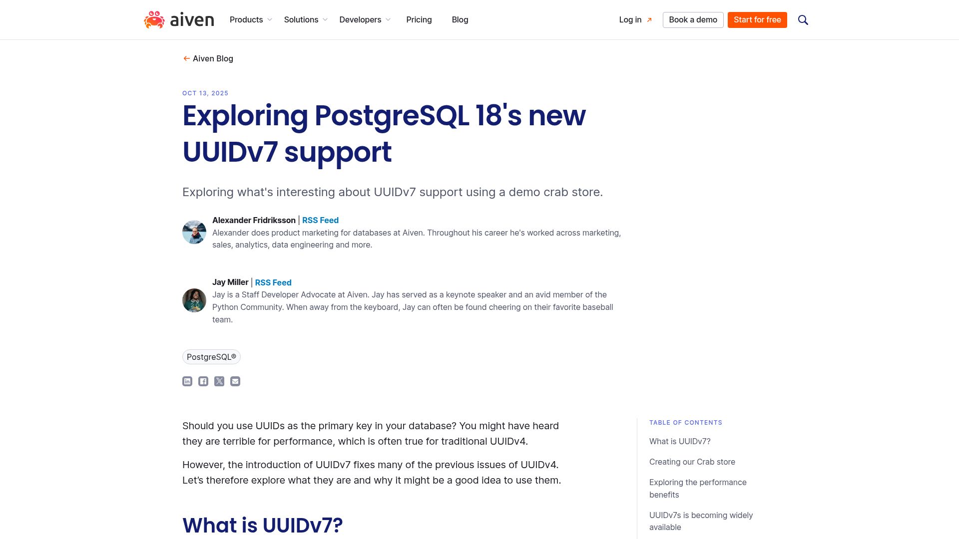 Screenshot of aiven.io: Exploring PostgreSQL 18's new UUIDv7 support