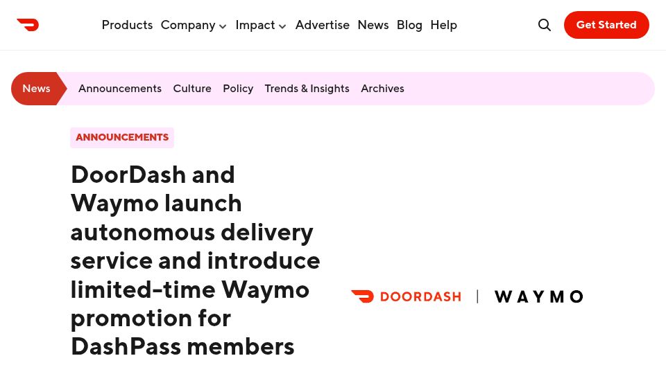 Screenshot of about.doordash.com: DoorDash and Waymo launch autonomous delivery service in Phoenix