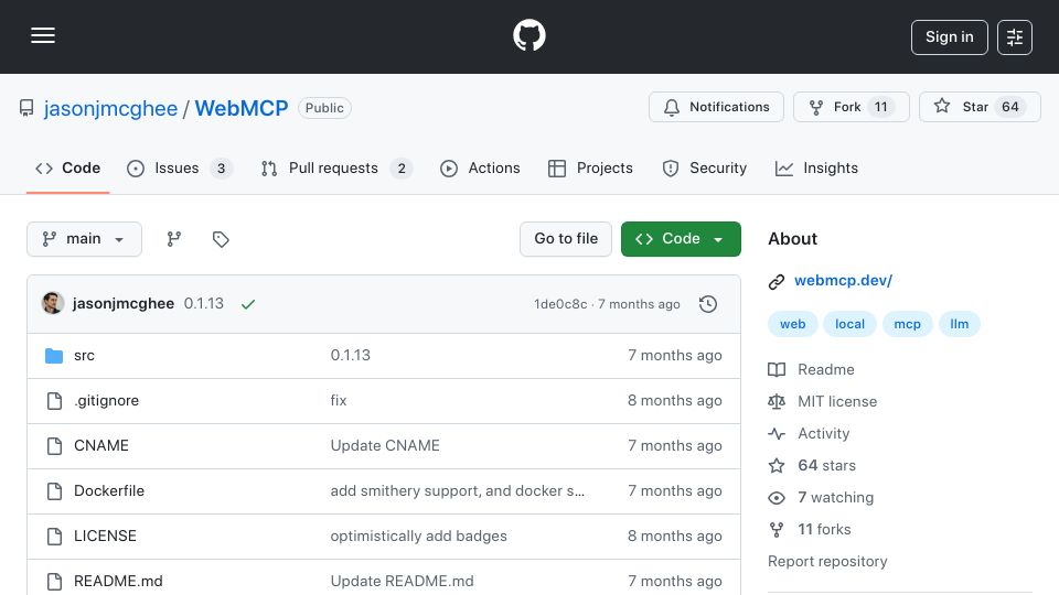 Screenshot of github.com: WebMCP