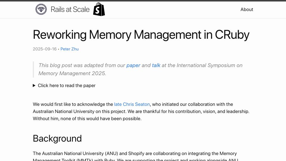 Screenshot of railsatscale.com: Reworking Memory Management in CRuby