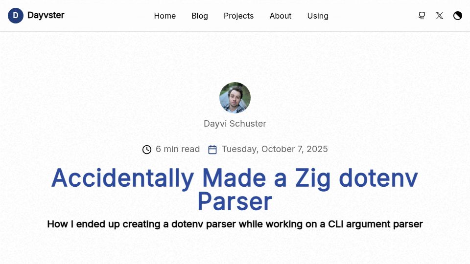 Screenshot of dayvster.com: Accidentally Made a Zig Dotenv Parser