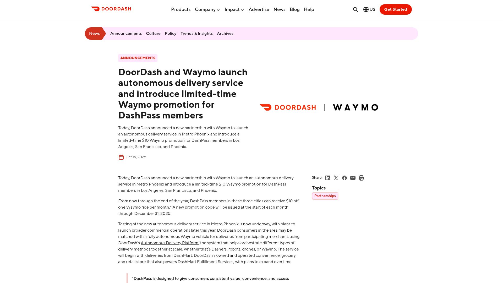 Screenshot of about.doordash.com: DoorDash and Waymo launch autonomous delivery service in Phoenix