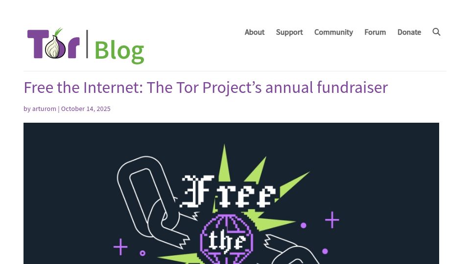 Screenshot of blog.torproject.org: Free the Internet: The Tor Project's annual fundraiser
