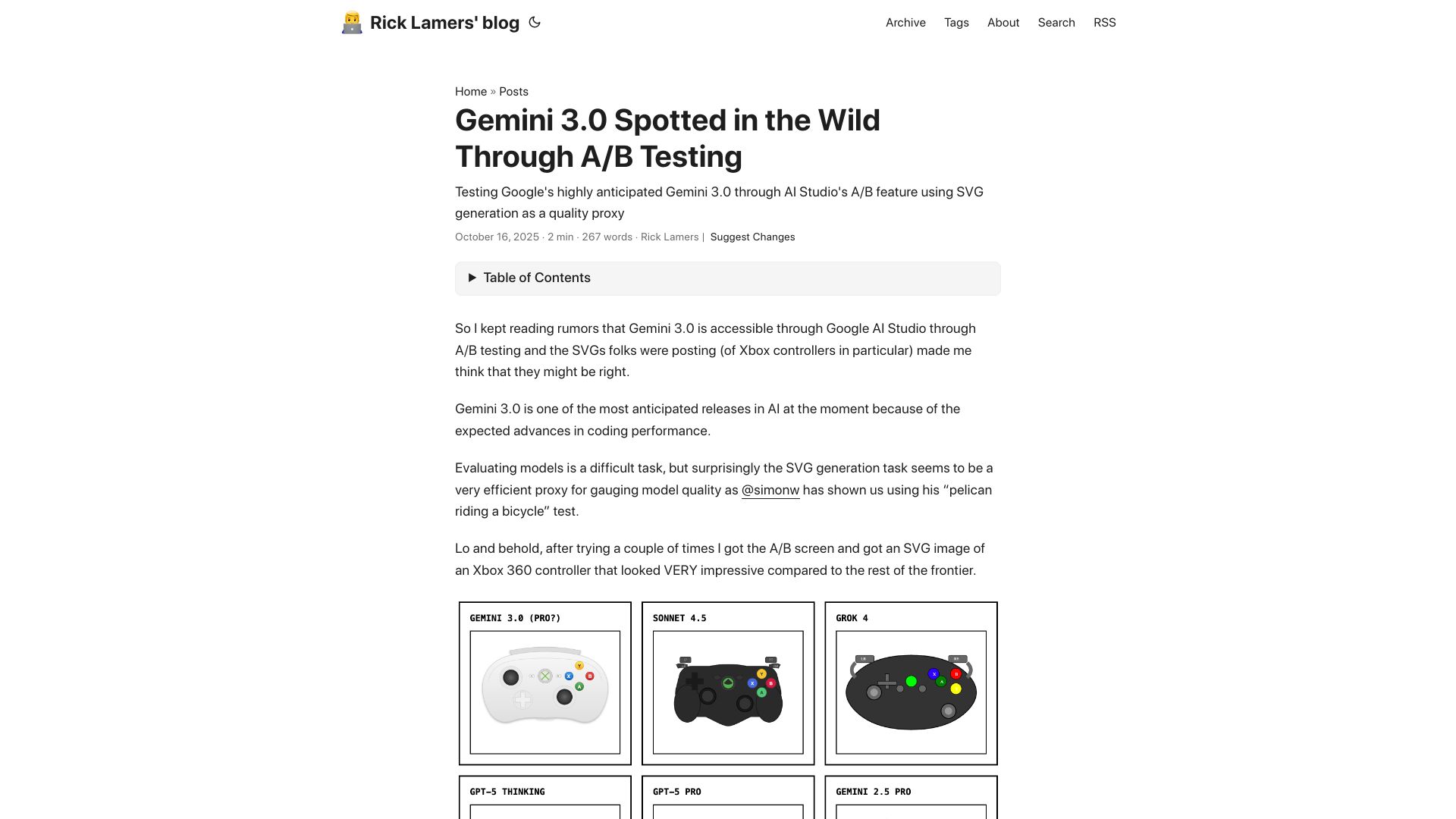 Screenshot of ricklamers.io: Gemini 3.0 spotted in the wild through A/B testing