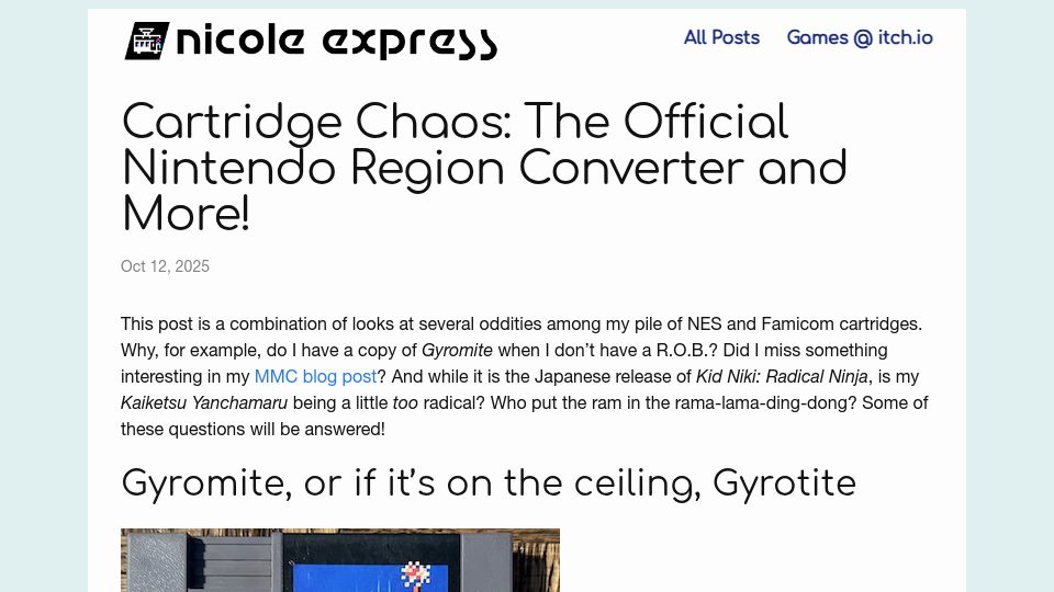 Screenshot of nicole.express: Cartridge Chaos: The Official Nintendo Region Converter and More