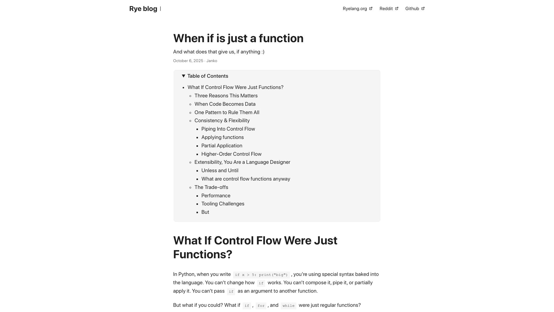 Screenshot of ryelang.org: When if is just a function