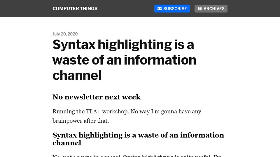 Screenshot of buttondown.com: Syntax highlighting is a waste of an information channel (2020)