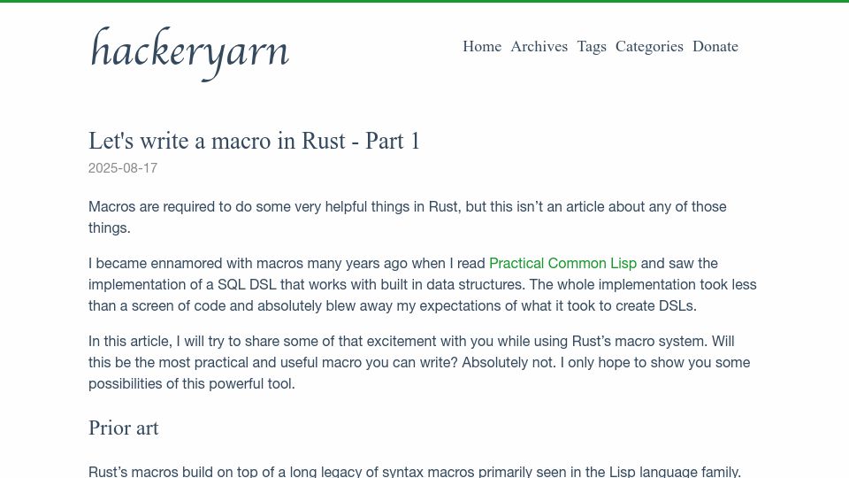 Screenshot of hackeryarn.com: Let's write a macro in Rust