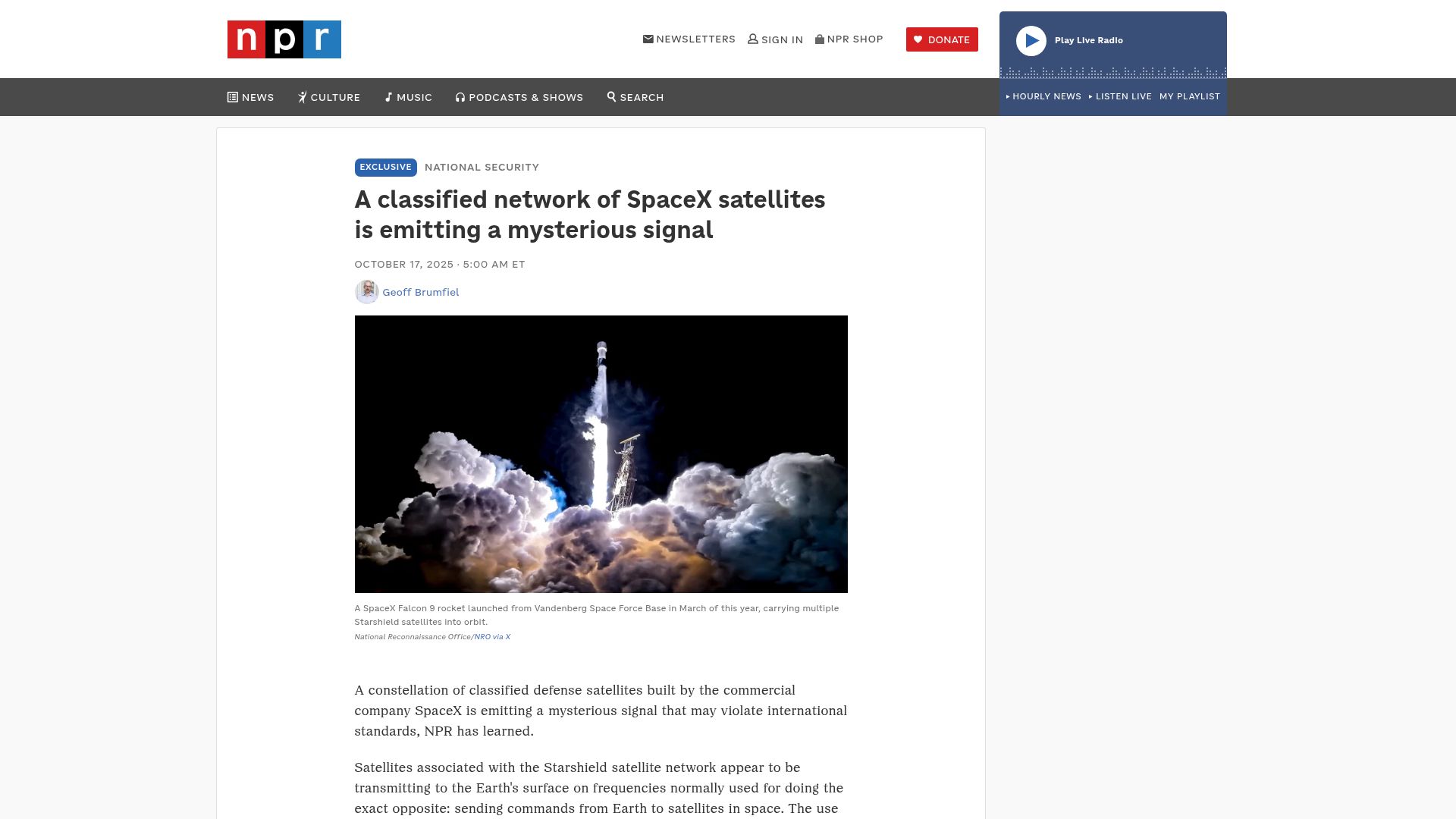 Screenshot of npr.org: A classified network of SpaceX satellites is emitting a mysterious signal