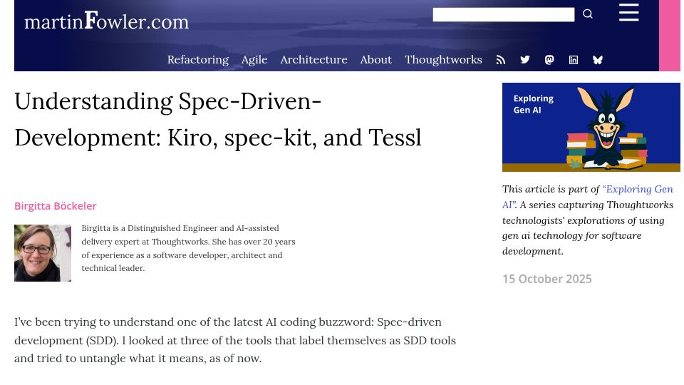 Screenshot of martinfowler.com: Understanding Spec-Driven-Development: Kiro, Spec-Kit, and Tessl