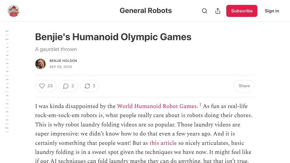 Screenshot of generalrobots.substack.com: Benjie's Humanoid Olympic Games