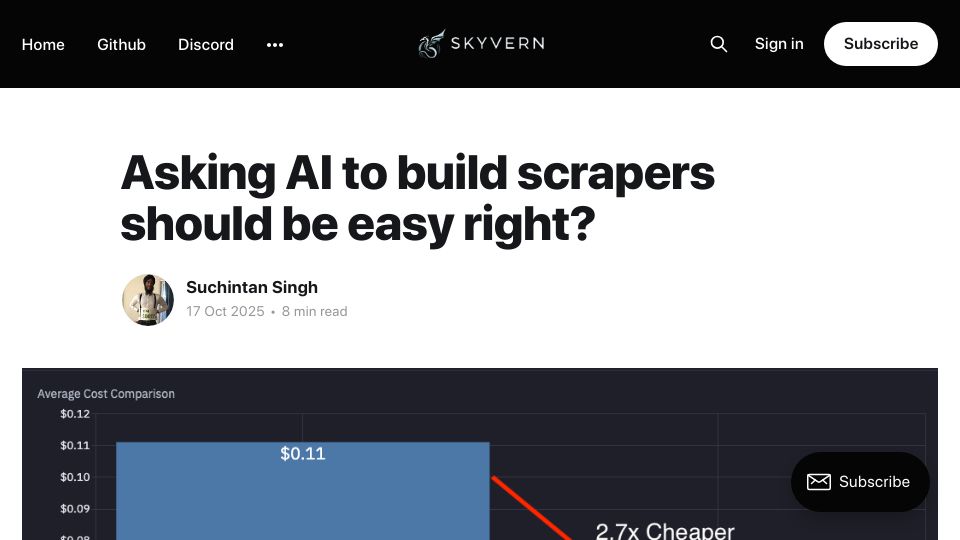 Screenshot of skyvern.com: Asking AI to build scrapers should be easy right?