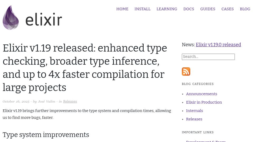 Screenshot of elixir-lang.org: Elixir 1.19
