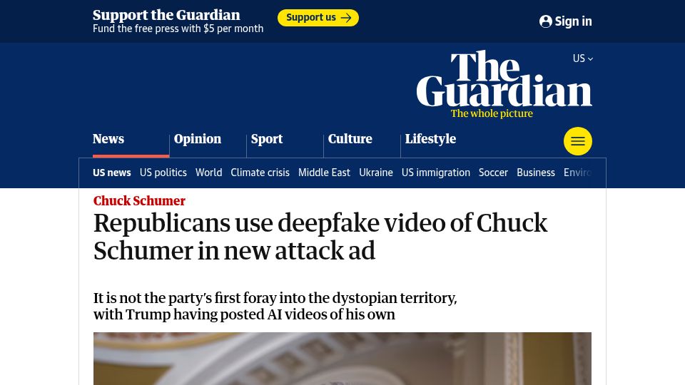 Screenshot of theguardian.com: Republicans use deepfake video of Chuck Schumer in new attack ad