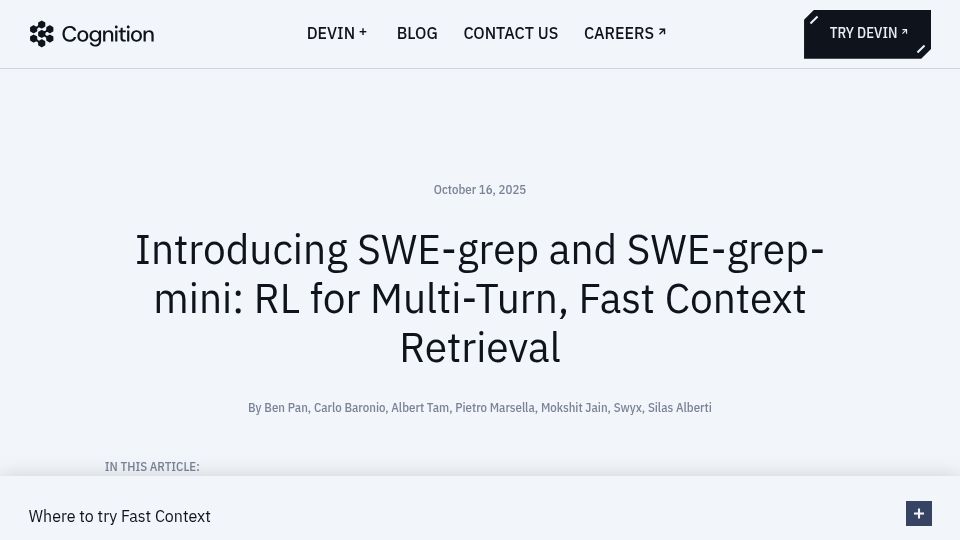 Screenshot of cognition.ai: SWE-Grep and SWE-Grep-Mini: RL for Fast Multi-Turn Context Retrieval