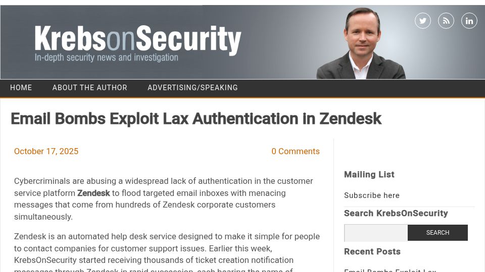 Screenshot of krebsonsecurity.com: Email bombs exploit lax authentication in Zendesk