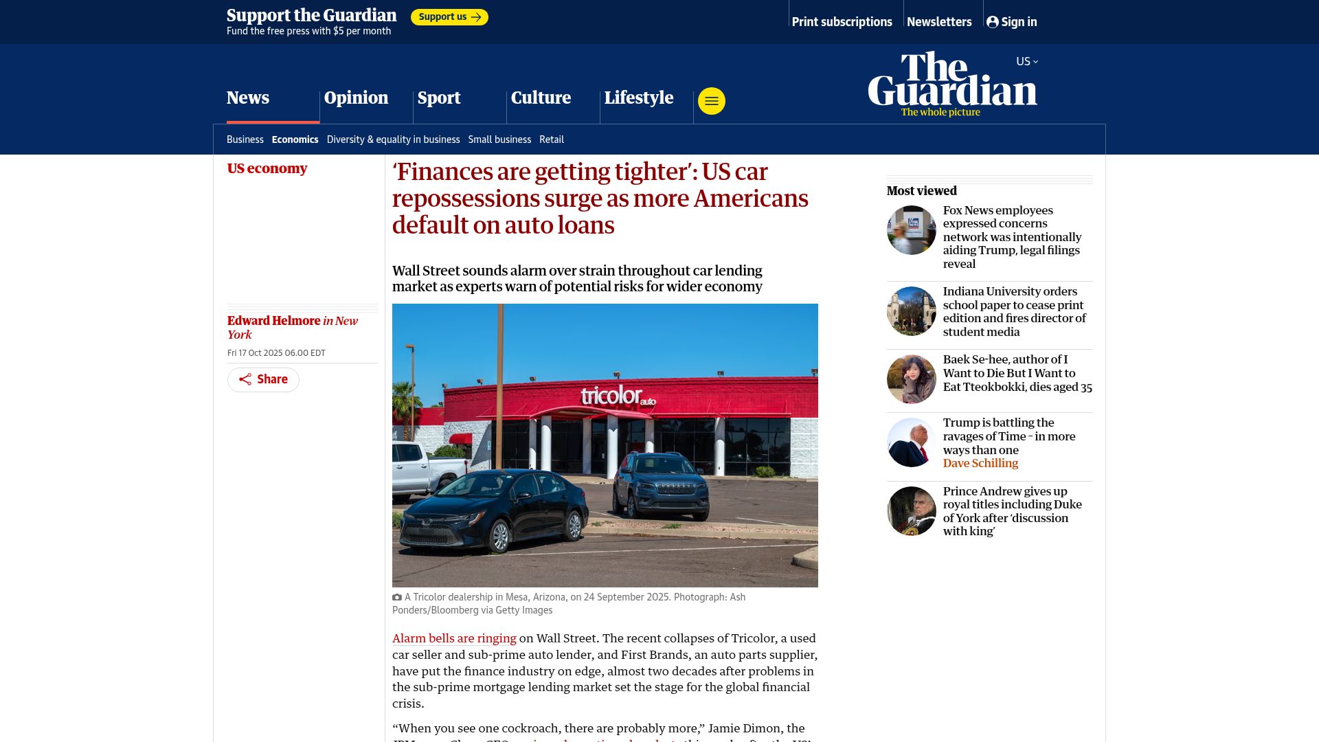 Screenshot of theguardian.com: US car repossessions surge as more Americans default on auto loans