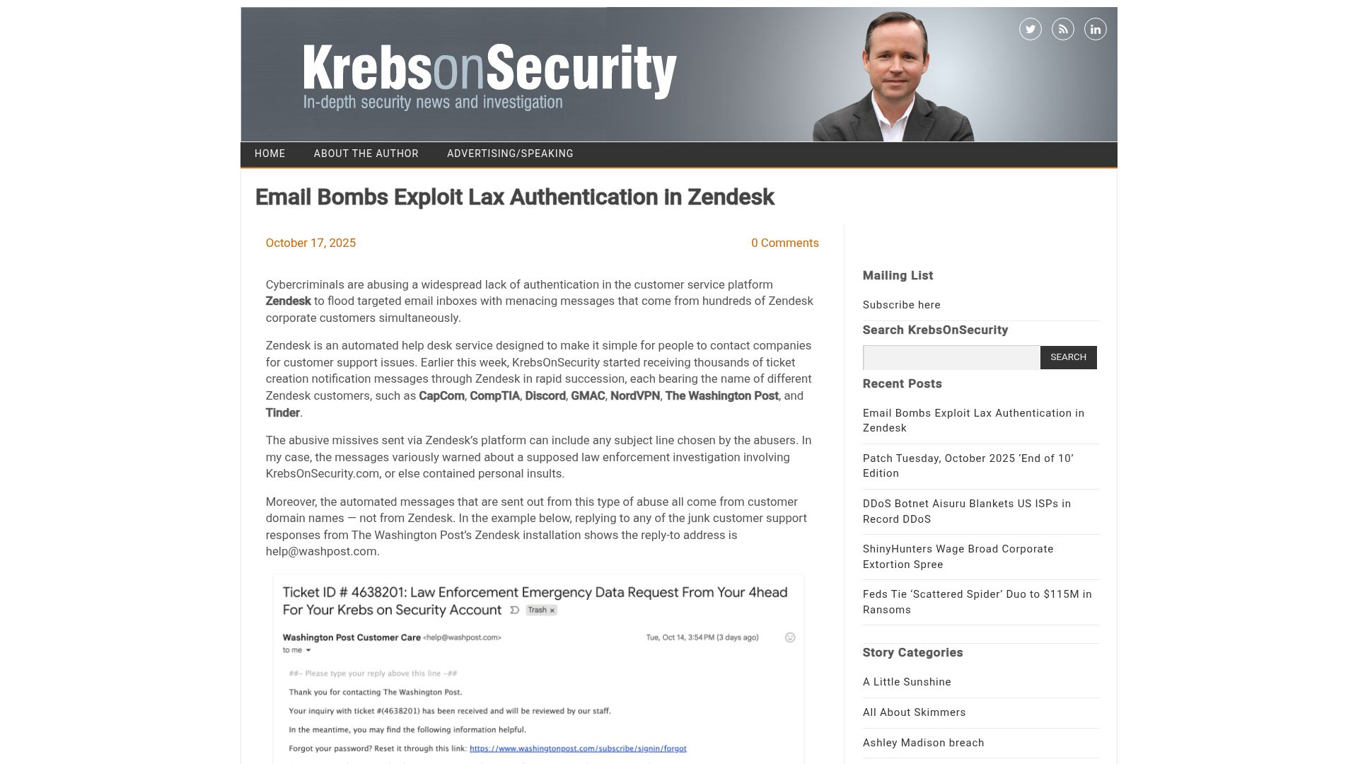 Screenshot of krebsonsecurity.com: Email bombs exploit lax authentication in Zendesk