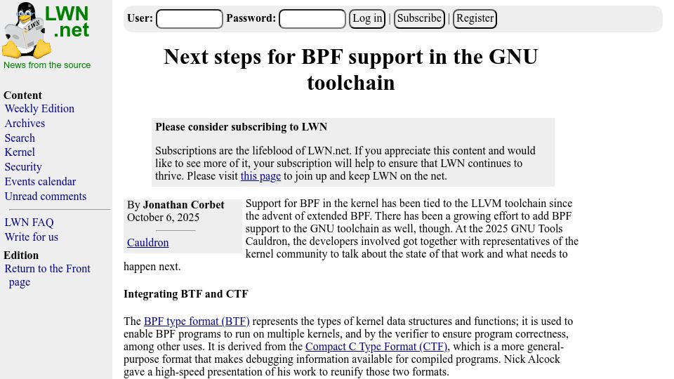 Screenshot of lwn.net: Next steps for BPF support in the GNU toolchain