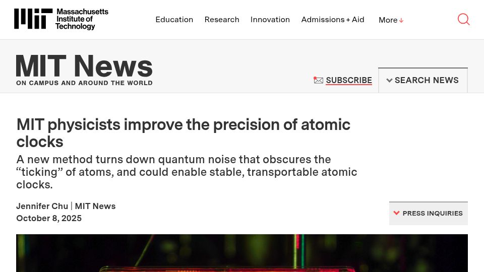 Screenshot of news.mit.edu: MIT physicists improve the precision of atomic clocks