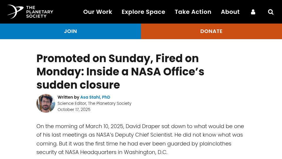 Screenshot of planetary.org: Promoted on Sunday, Fired on Monday: Inside a NASA Office's Sudden Closure