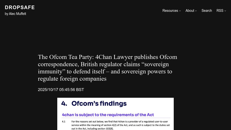 Screenshot of alecmuffett.com: 4Chan Lawyer publishes Ofcom correspondence