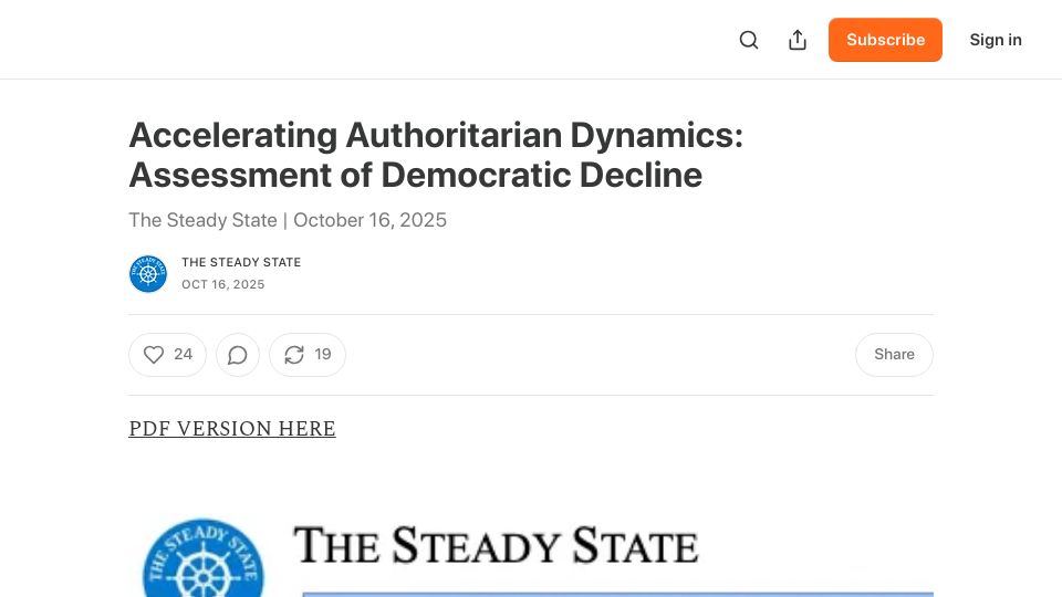 Screenshot of steadystate1.substack.com: Accelerating authoritarian dynamics: Assessment of democratic decline