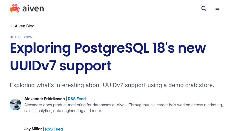 Screenshot of aiven.io: Exploring PostgreSQL 18's new UUIDv7 support