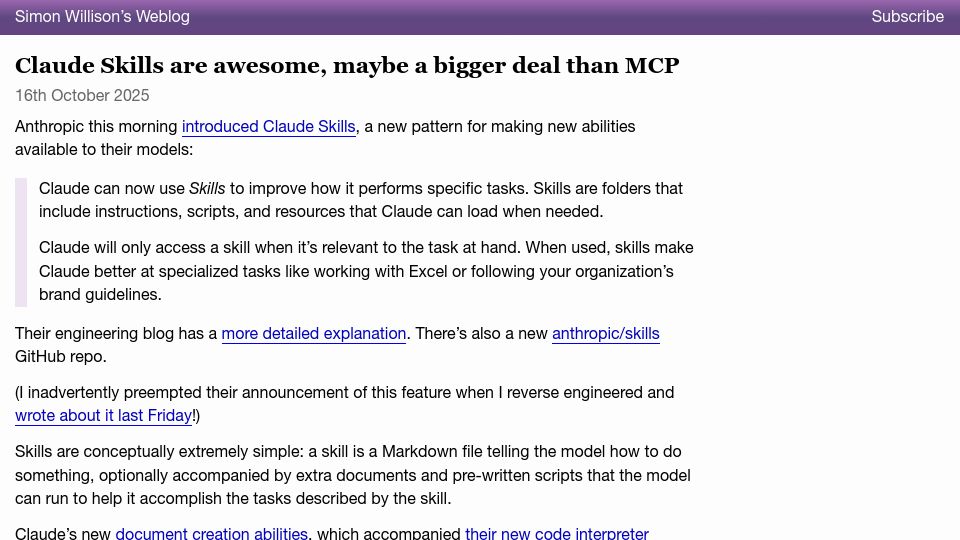 Screenshot of simonwillison.net: Claude Skills are awesome, maybe a bigger deal than MCP