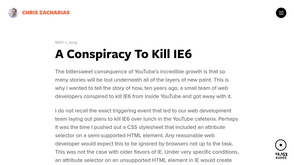 Screenshot of blog.chriszacharias.com: A conspiracy to kill IE6 (2019)