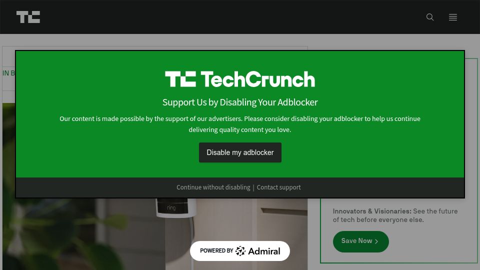 Screenshot of techcrunch.com: Amazon’s Ring to partner with Flock