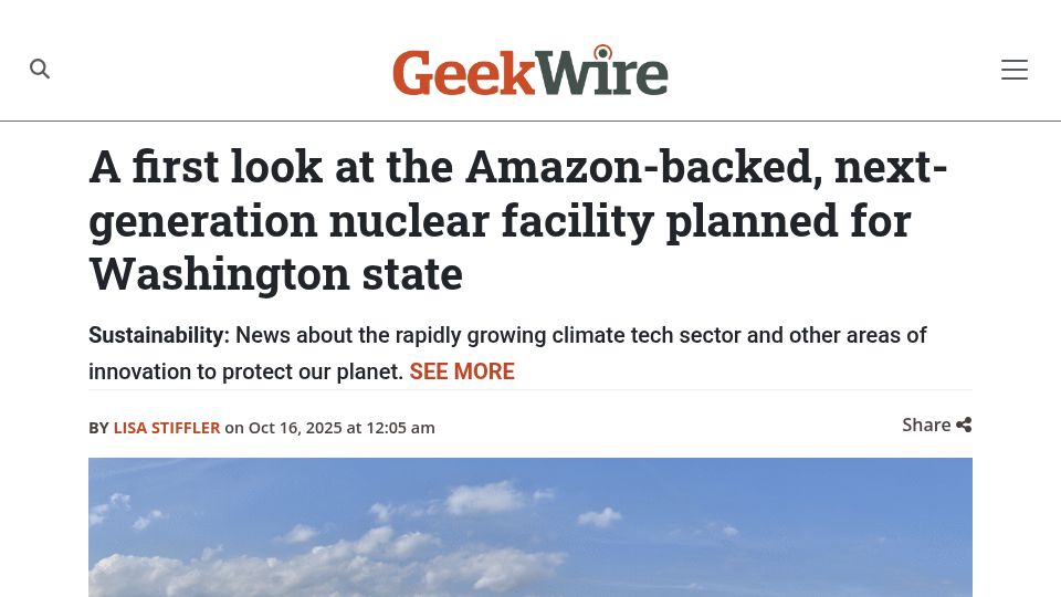 Screenshot of geekwire.com: Amazon-backed, nuclear facility for Washington state
