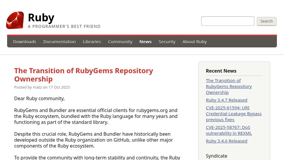 Screenshot of ruby-lang.org: Ruby core team takes ownership of RubyGems and Bundler