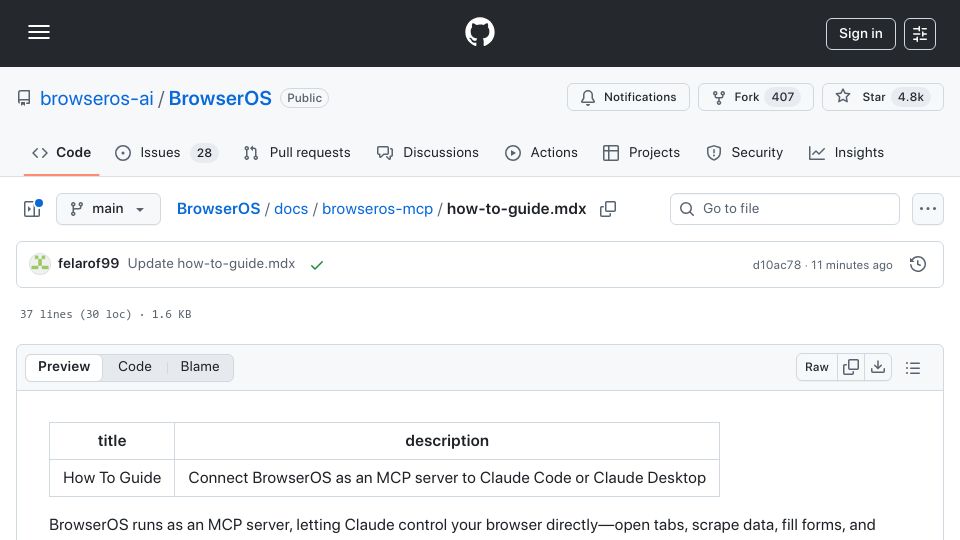 Screenshot of github.com: Show HN: We packaged an MCP server inside Chromium