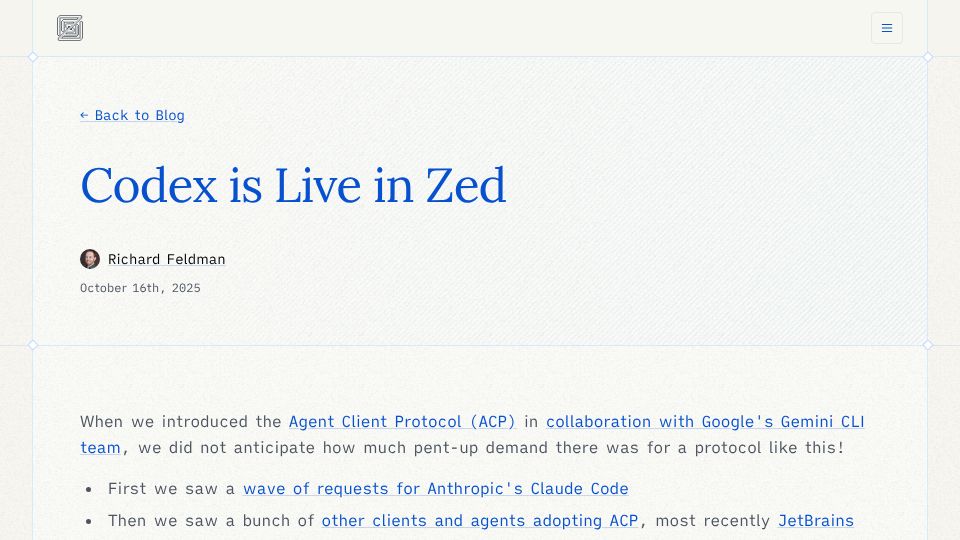 Screenshot of zed.dev: Codex Is Live in Zed