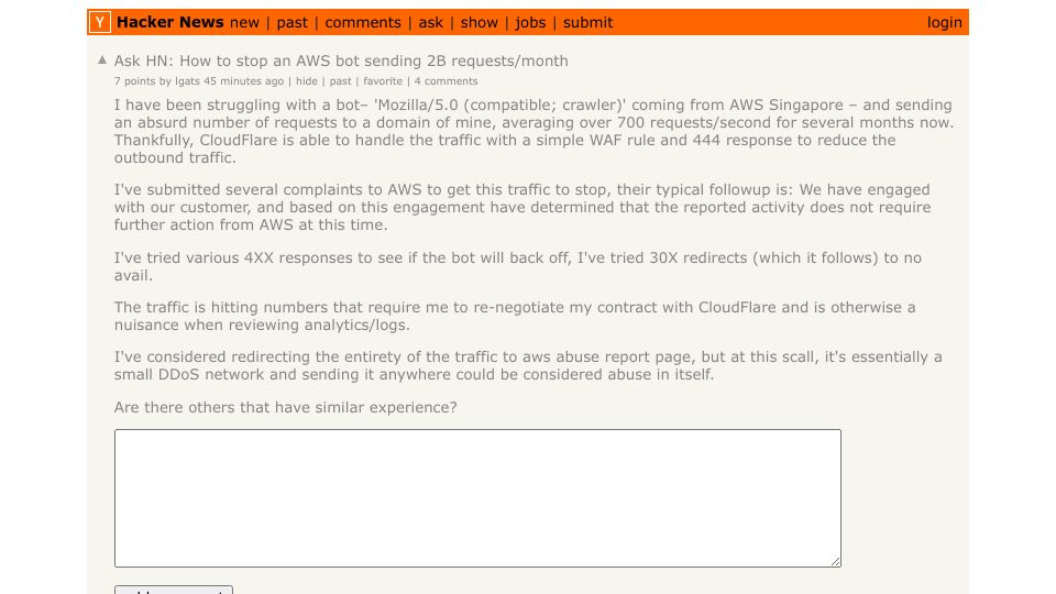 Screenshot of Hacker News post: Ask HN: How to stop an AWS bot sending 2B requests/month?