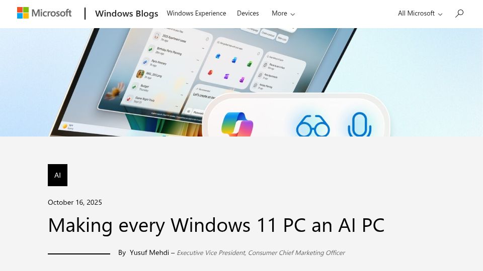 Screenshot of blogs.windows.com: Making Every Windows 11 PC an AI PC