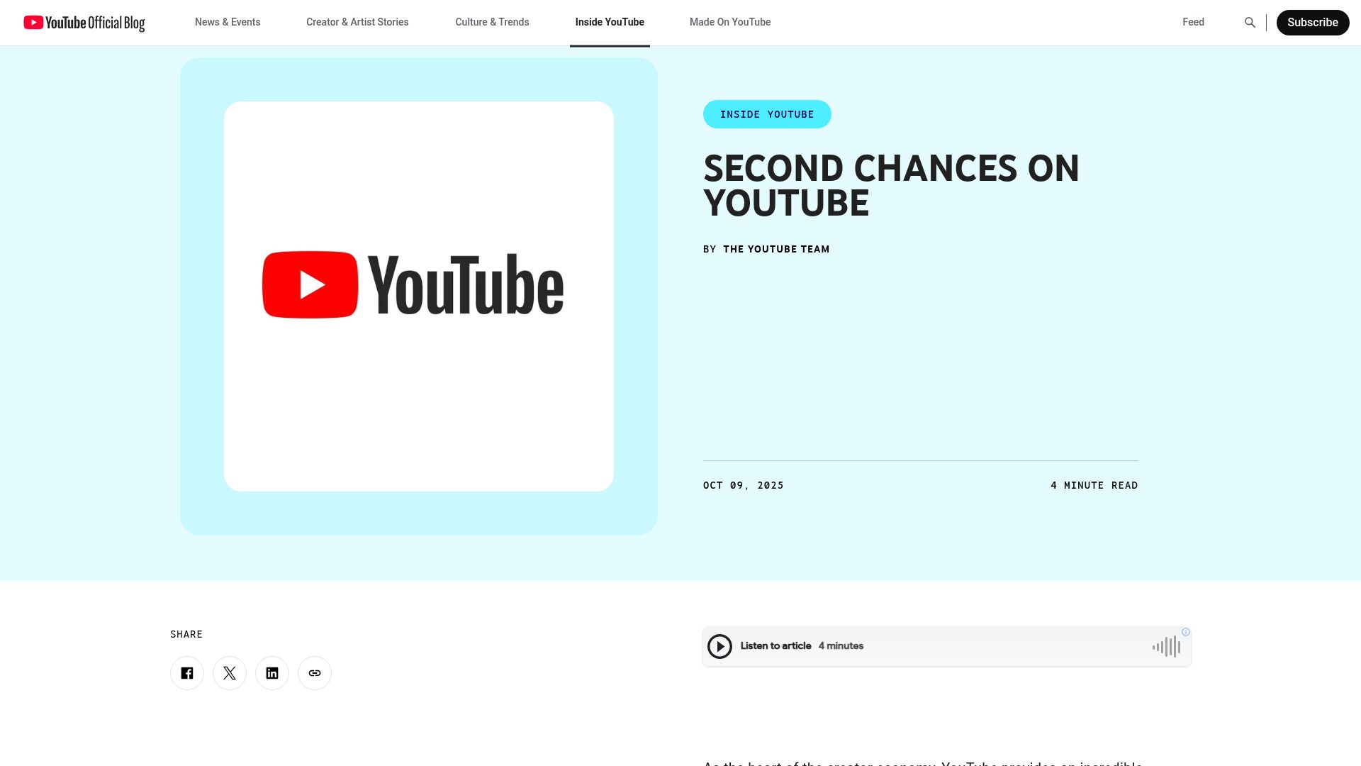 Screenshot of blog.youtube: Second Chances on YouTube