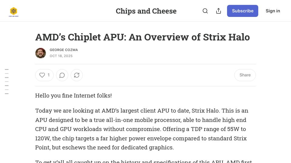 Screenshot of chipsandcheese.com: AMD's Chiplet APU: An Overview of Strix Halo