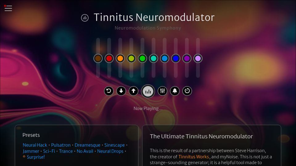 Screenshot of mynoise.net: Tinnitus Neuromodulator