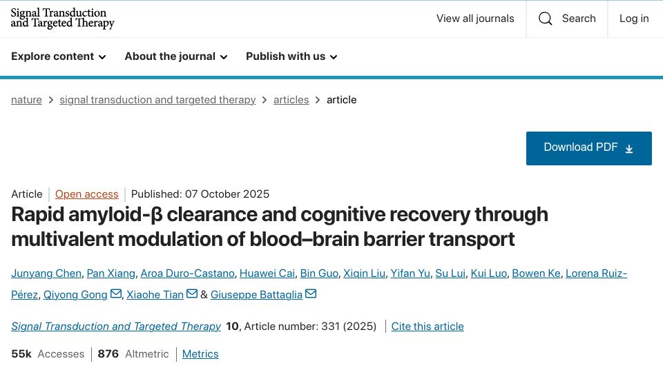 Screenshot of nature.com: Rapid amyloid-β clearance and cognitive recovery by modulating BBB transport