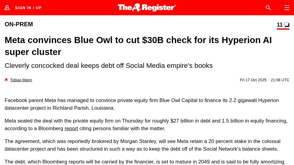 Screenshot of theregister.com: Meta convinces Blue Owl to cut $30B check for its Hyperion AI super cluster