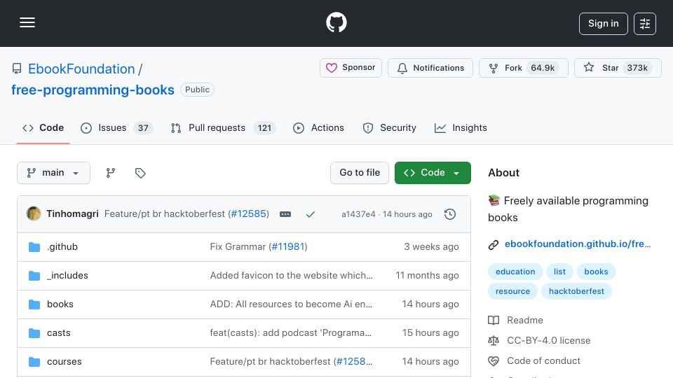 Screenshot of github.com: Free Programing Books