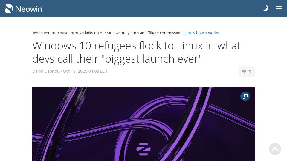 Screenshot of neowin.net: Windows 10 refugees flock to Linux in what devs call their "biggest launch"