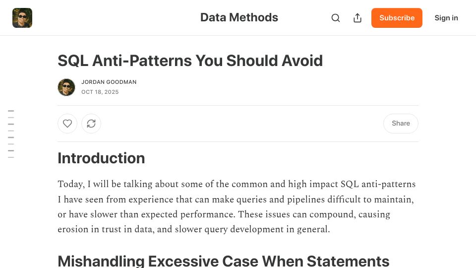 Screenshot of datamethods.substack.com: SQL Anti-Patterns